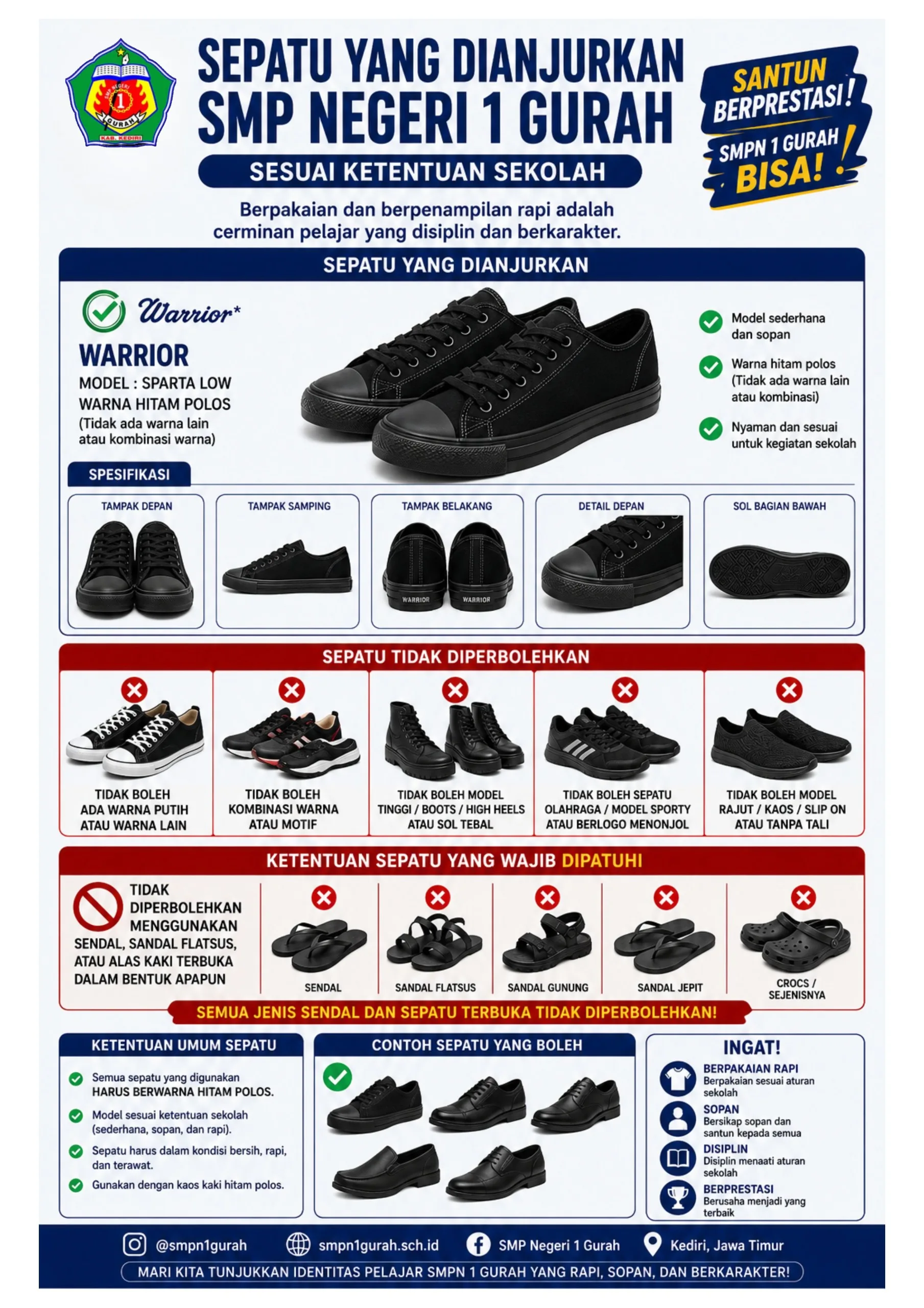 Panduan Visual Sepatu Sekolah Hitam Polos Standar SMPN 1 Gurah